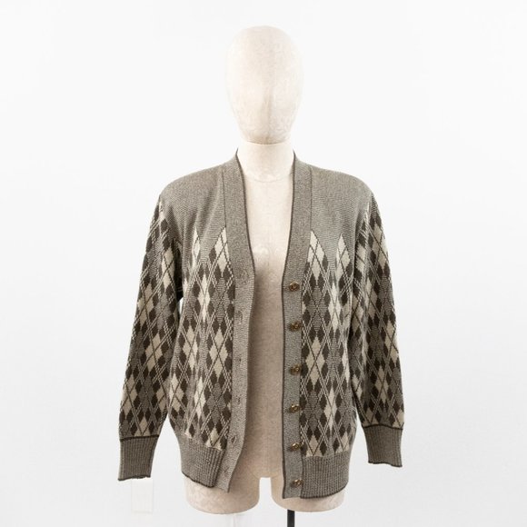 Vintage 80s M Argyle Plaid Print Sweater Brown - Picture 2 of 10